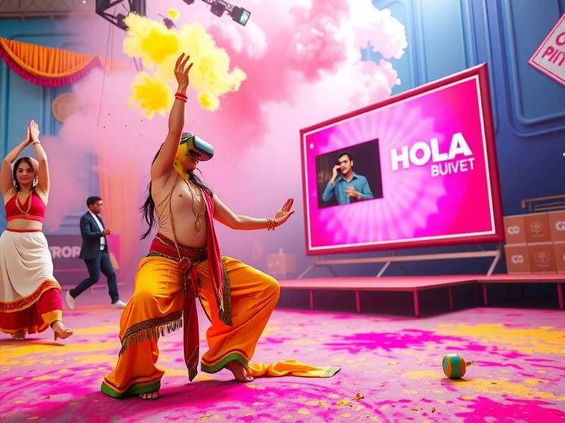 VR Bollywood Blast Holi event showing players dancing with virtual gulal explosions and colorful stages